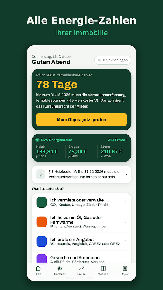 Bildschirm der App Energie-Rechner für Immobilien