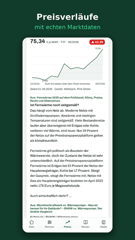 Preisverläufe mit echten Marktdaten und Fachtexte zu Fernwärme