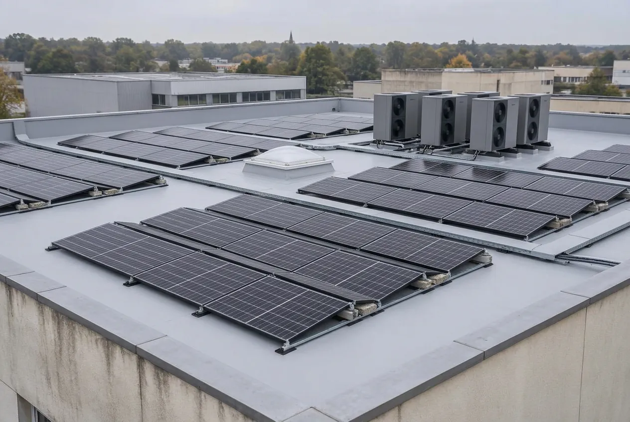 Symbolbild: Flachdach eines Gewerbegebäudes mit Photovoltaik und Wärmepumpen-Außeneinheiten