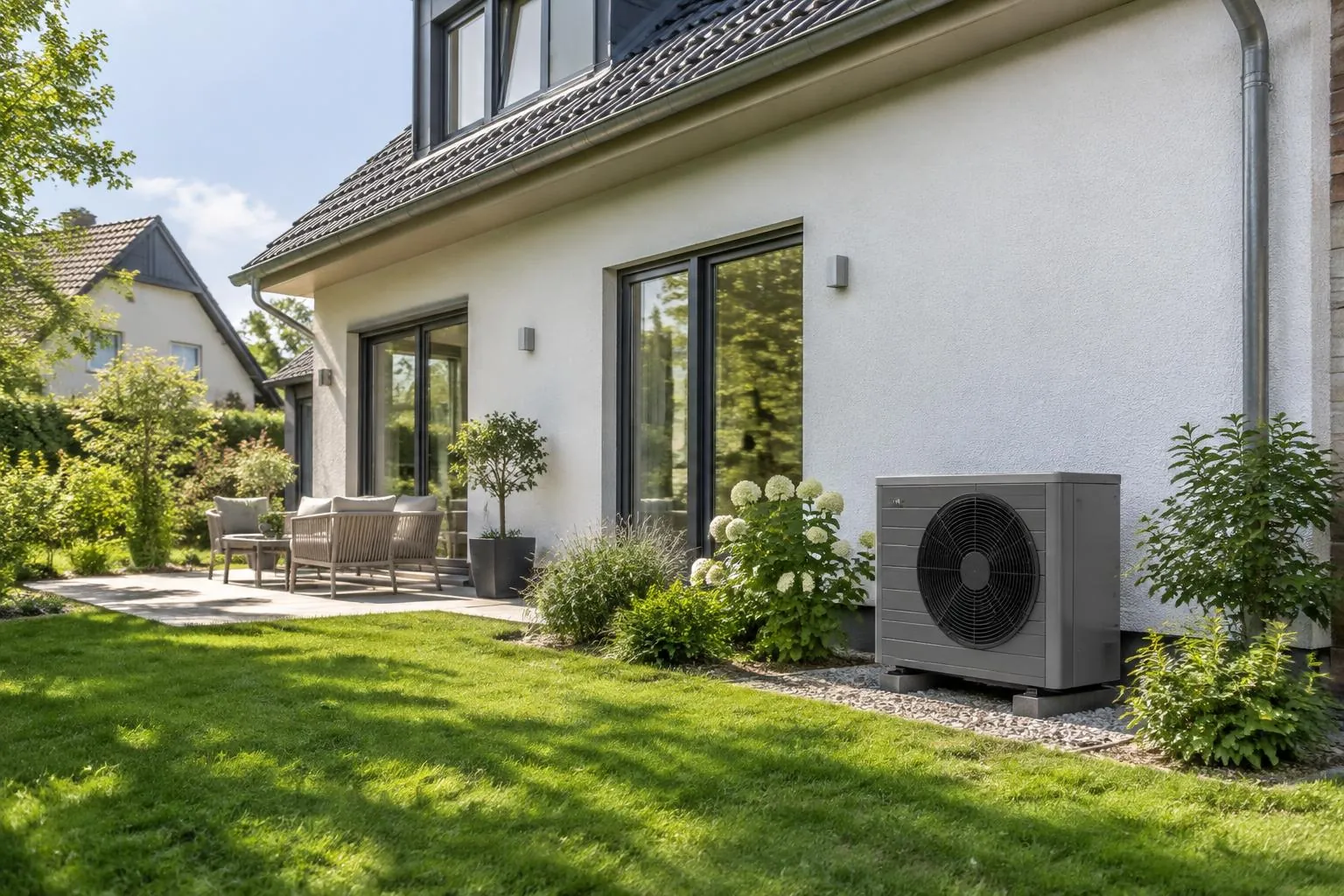 Symbolbild: Außeneinheit einer Wärmepumpe neben einem Einfamilienhaus mit Garten