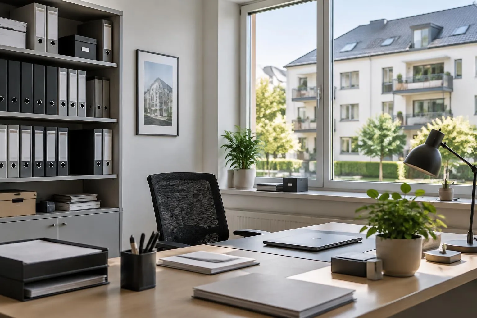 Symbolbild: Büro einer Hausverwaltung mit Aktenordnern und Blick auf ein Wohnhaus