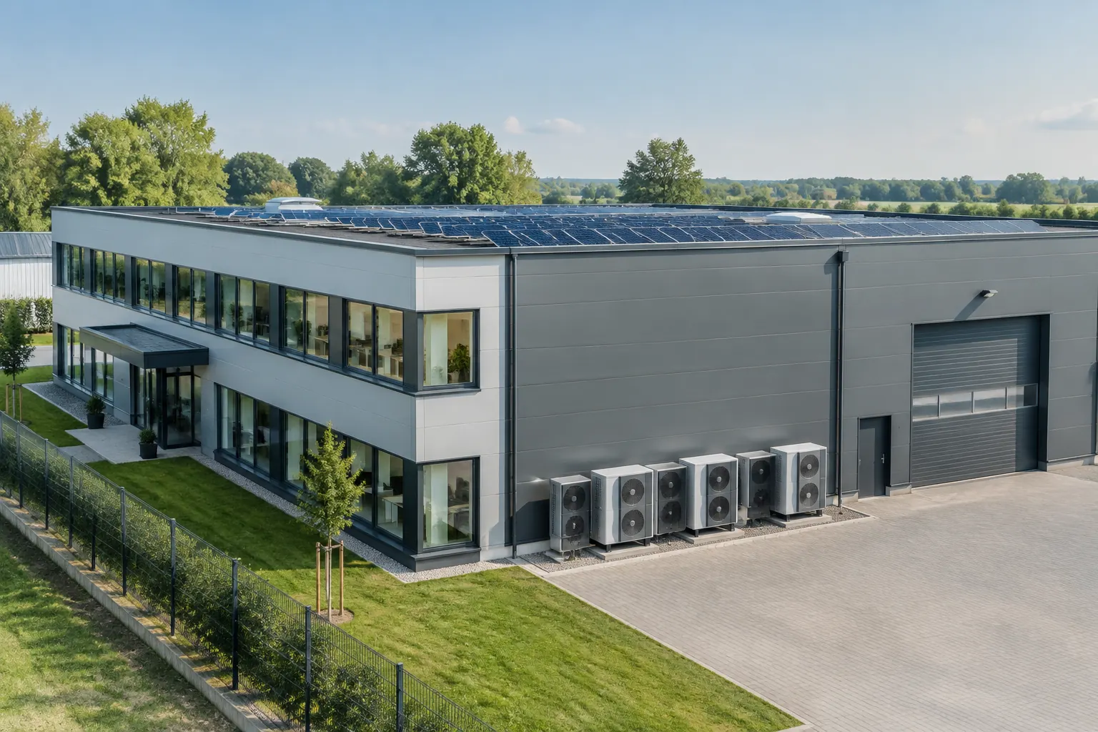 Symbolbild: moderne Gewerbehalle mit Büroteil, Wärmepumpen-Außeneinheiten und Photovoltaik auf dem Dach