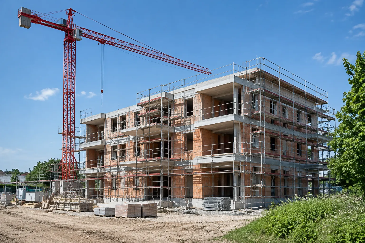 Symbolbild: Neubau eines Mehrfamilienhauses im Rohbau mit Kran