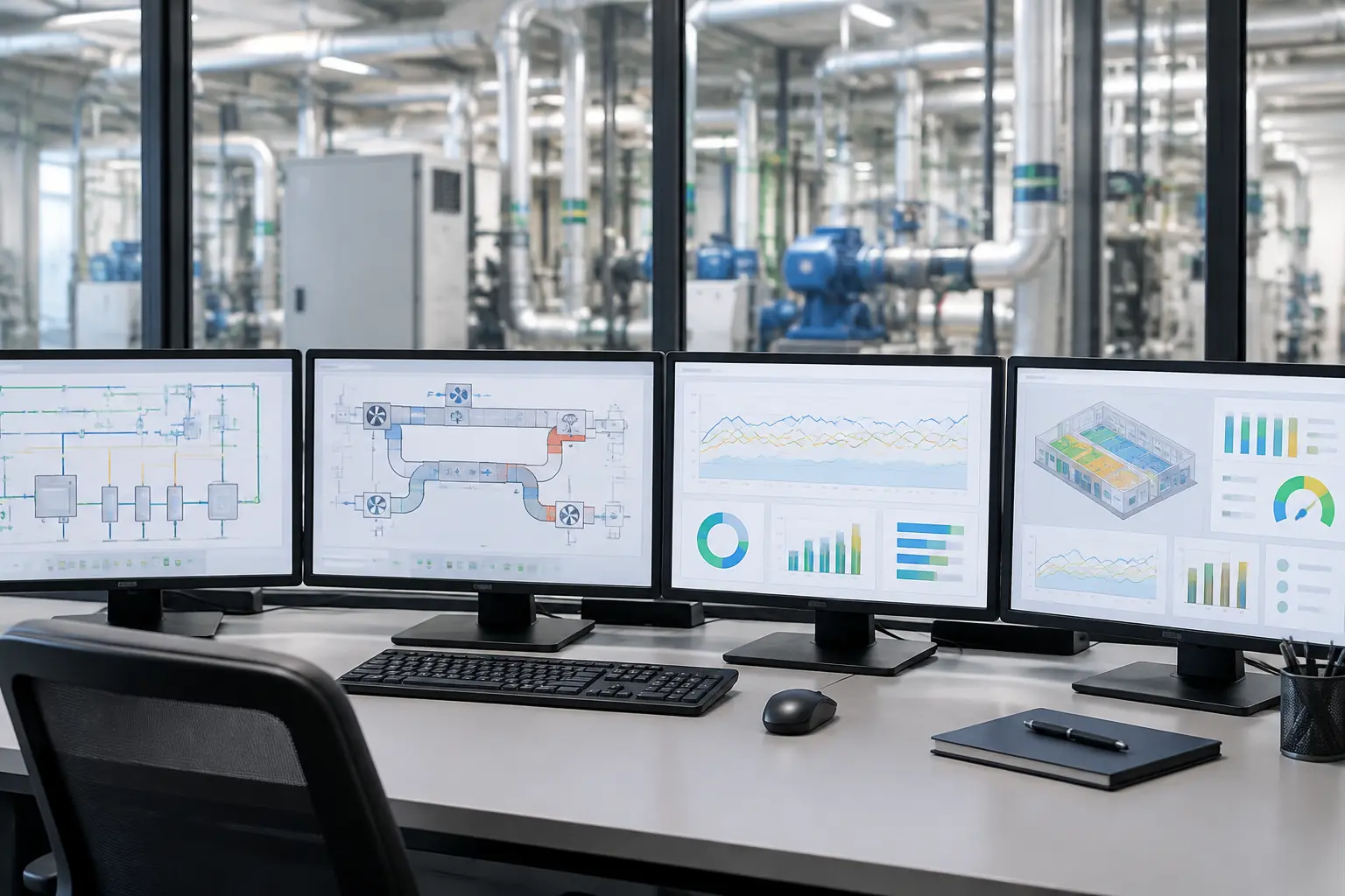 Symbolbild: Gebäudeleittechnik-Leitwarte mit mehreren Bildschirmen, die Anlagenschemata und Energie-Dashboards zeigen