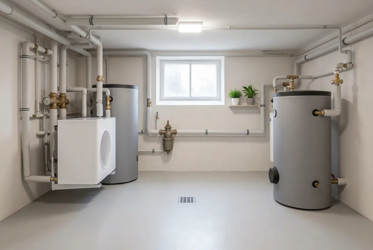 Symbolbild nachher: derselbe Keller hell modernisiert mit Wärmepumpen-Inneneinheit und Speicher