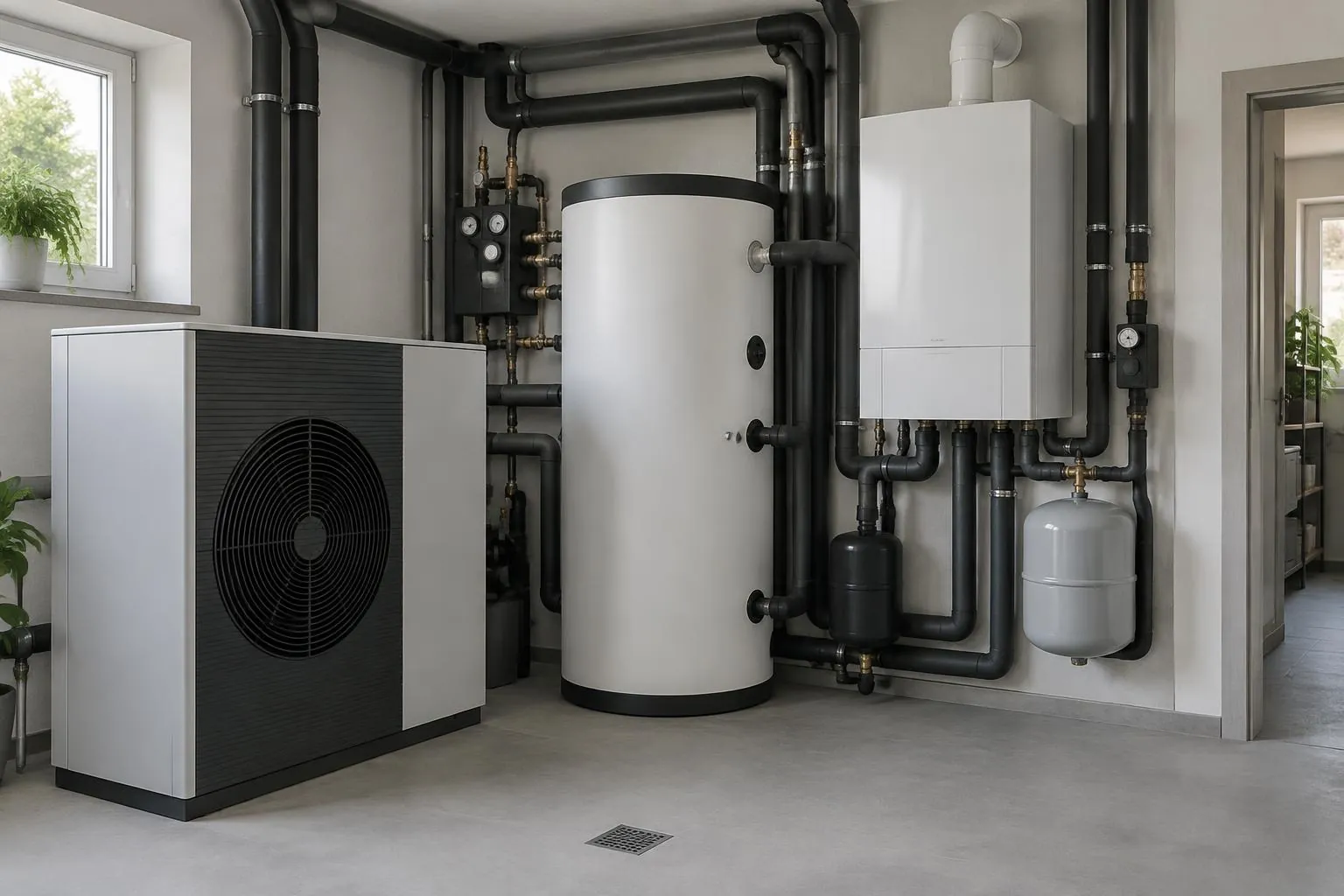 Symbolbild: Heizraum mit Wärmepumpe, Speicher und wandhängendem Spitzenlastkessel