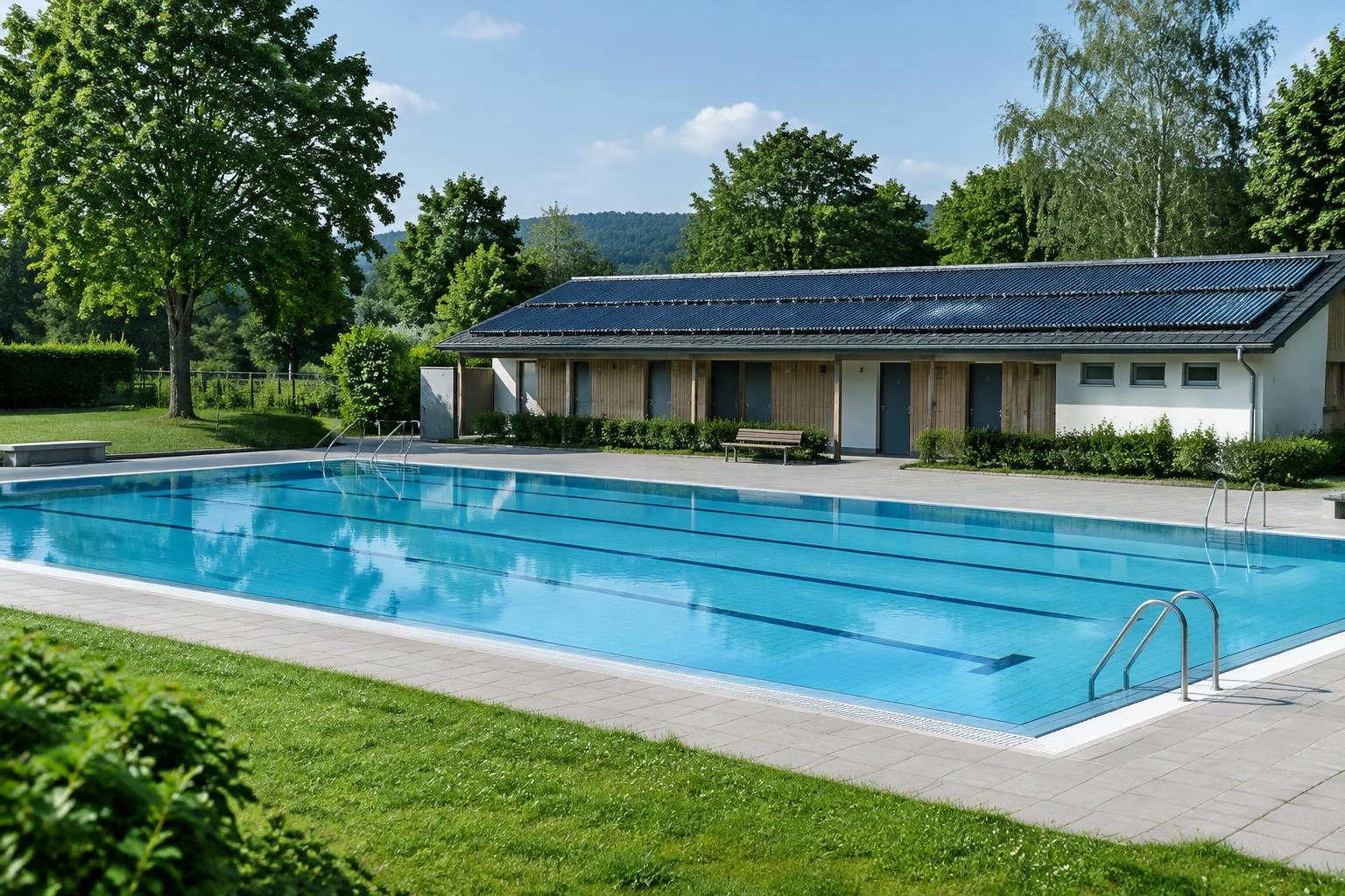 Symbolbild: kommunales Freibad im Sommer, Solarmodule auf dem Dach des Umkleidegebäudes