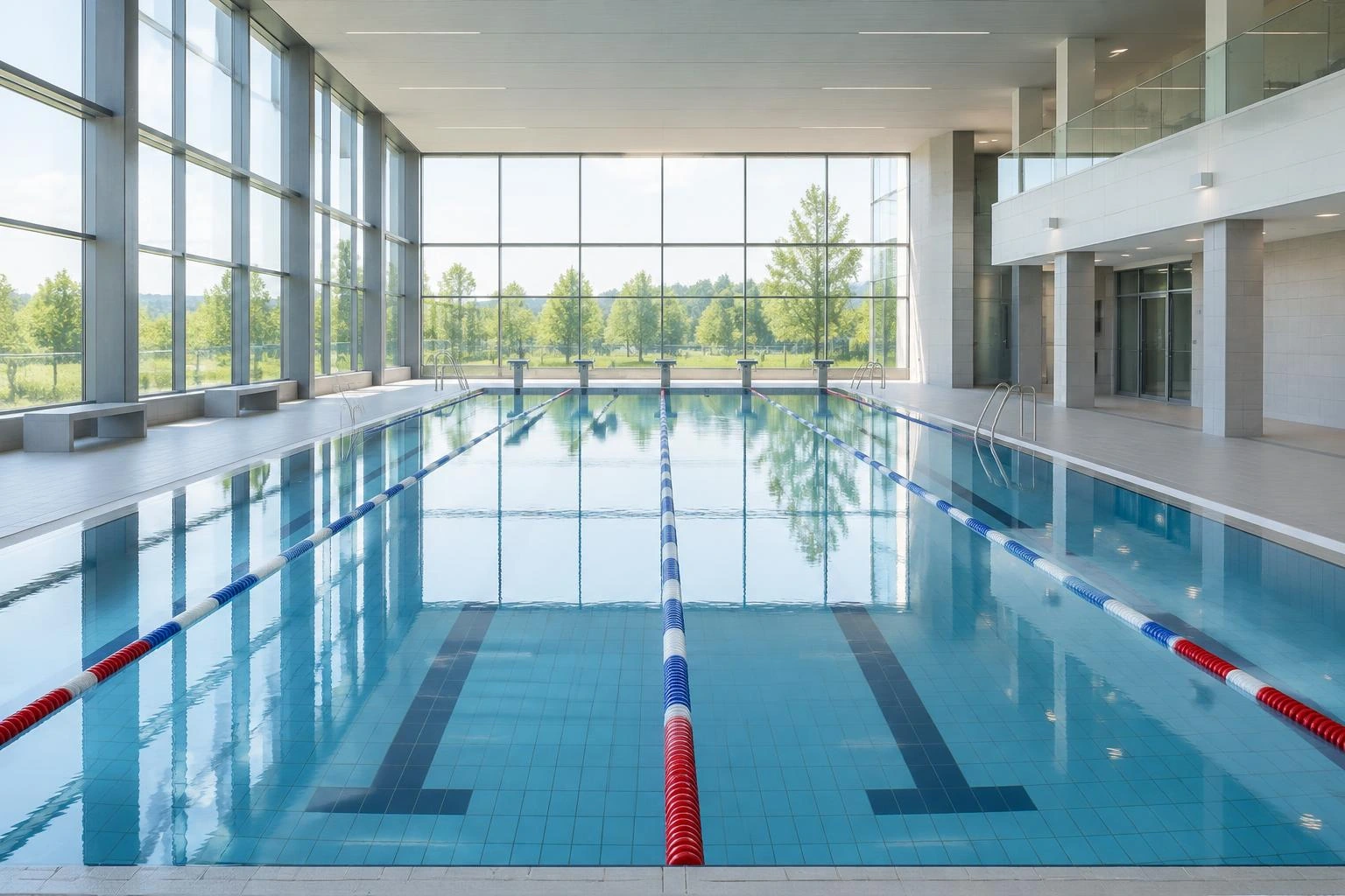 Symbolbild: leeres öffentliches Hallenbad mit 25-Meter-Becken und großer Fensterfront