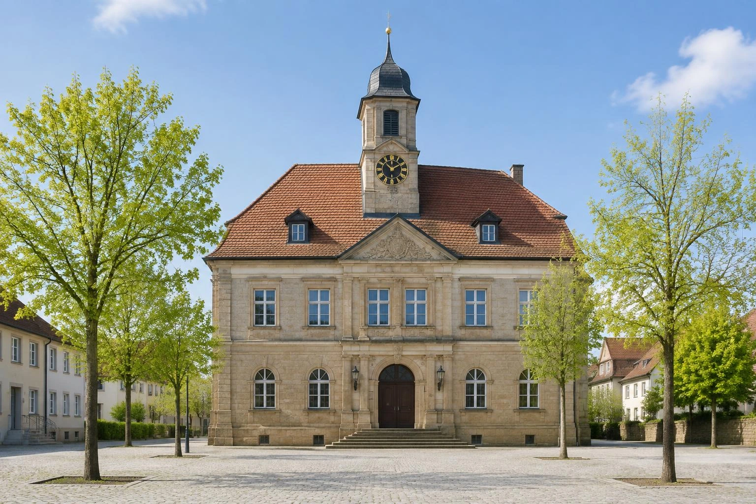 Symbolbild: historisches Rathaus mit Uhrturm und Vorplatz im Frühling
