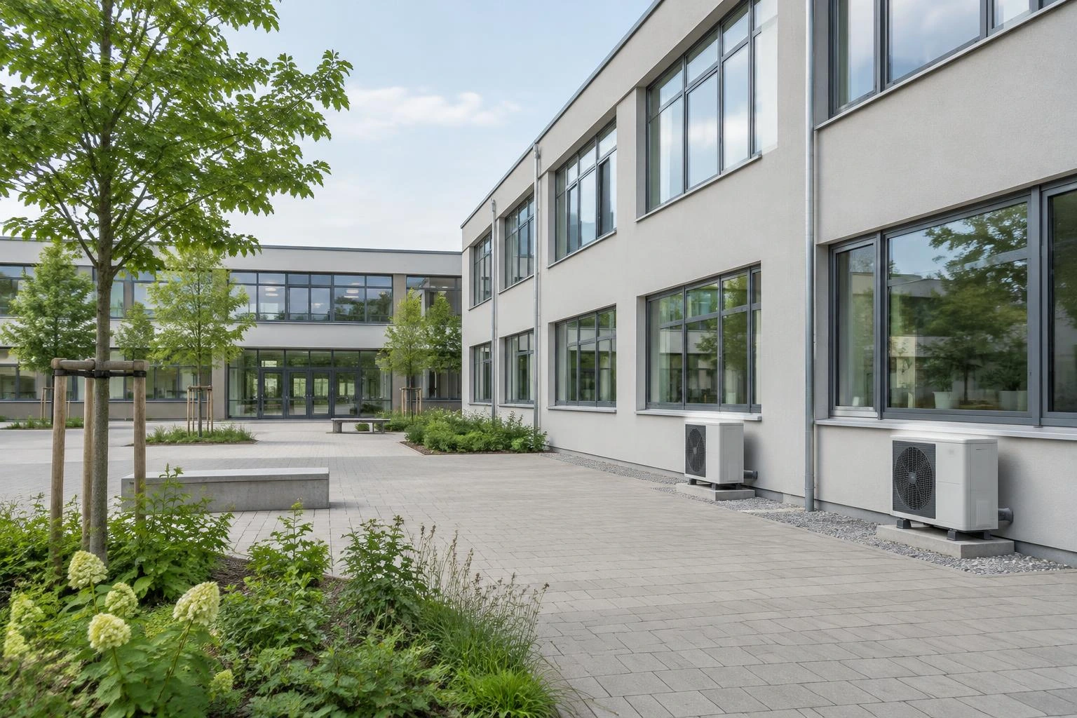 Symbolbild: saniertes Schulgebäude mit Pausenhof und Wärmepumpen-Außeneinheiten an der Fassade