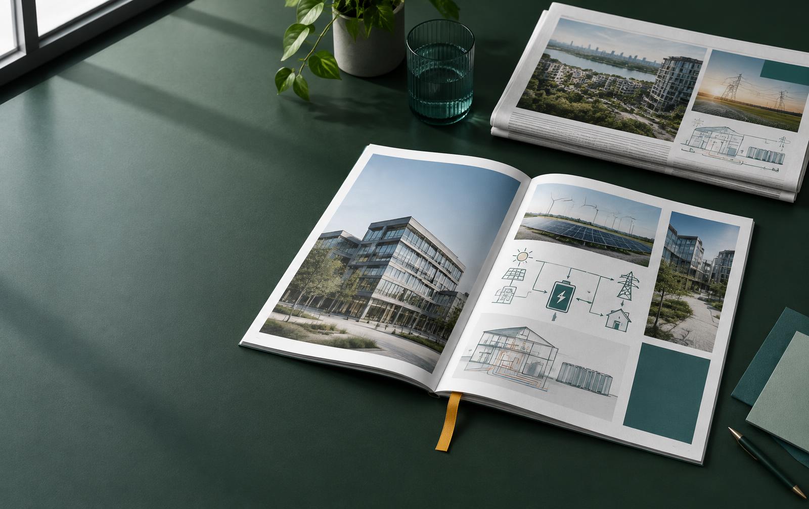 Aufgeschlagenes Fachmagazin mit Architektur- und Energietechnikmotiven