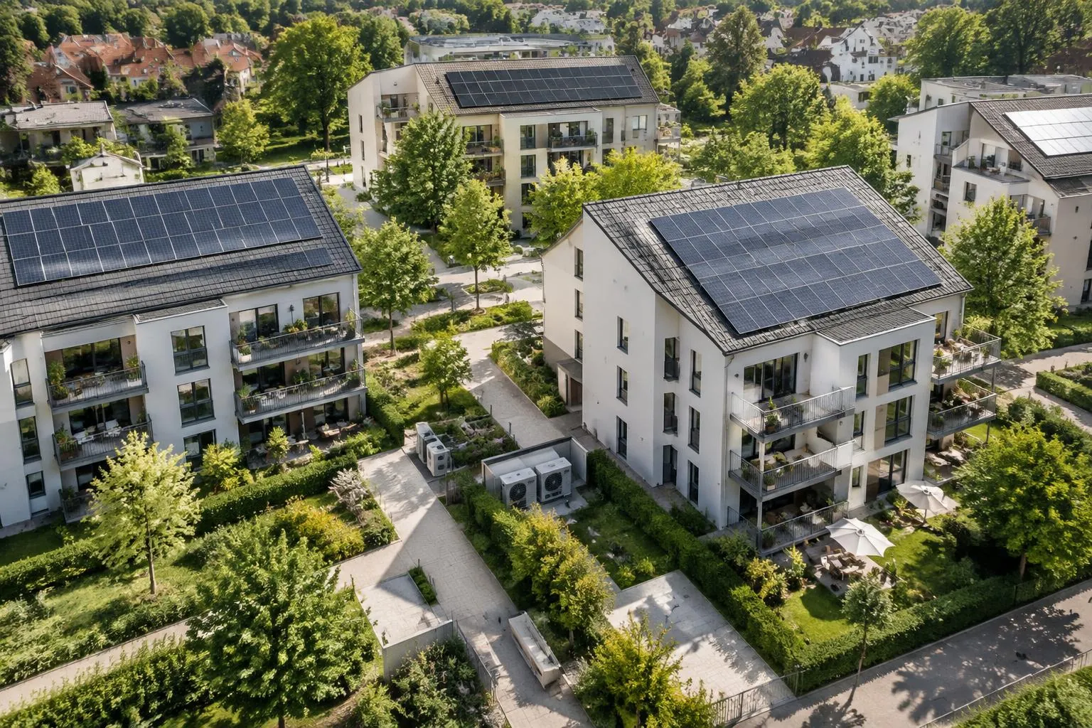 Symbolbild: Luftbild eines Wohnquartiers mit Photovoltaik auf den Dächern und begrünten Höfen
