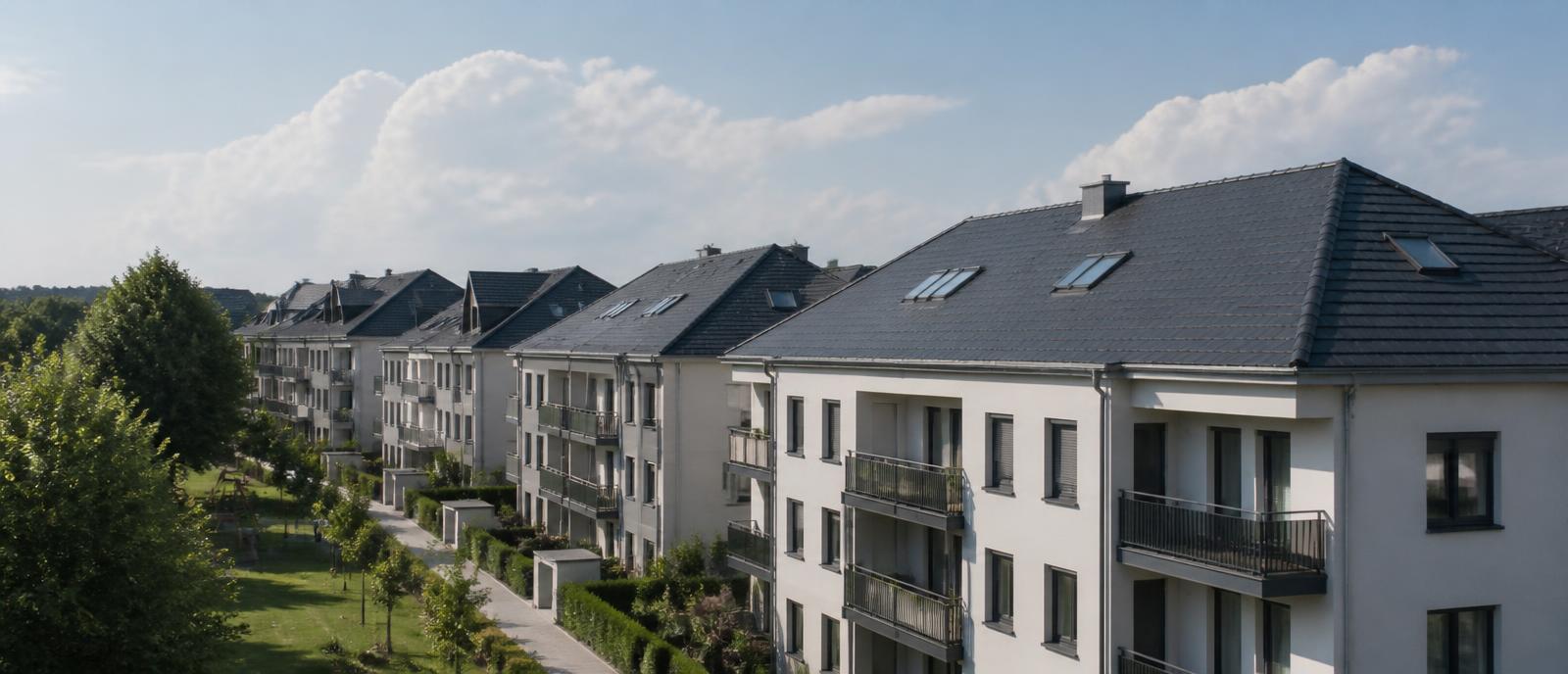 Zeile gepflegter Wohngebäude aus erhöhter Perspektive