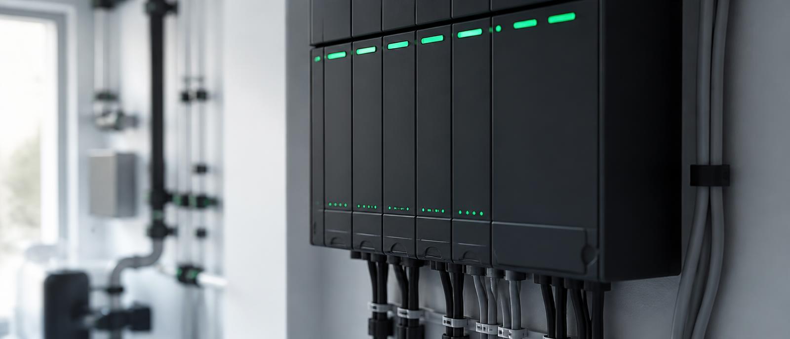 Gebäudeleittechnik mit grünen Statusleuchten in einem hellen Technikraum