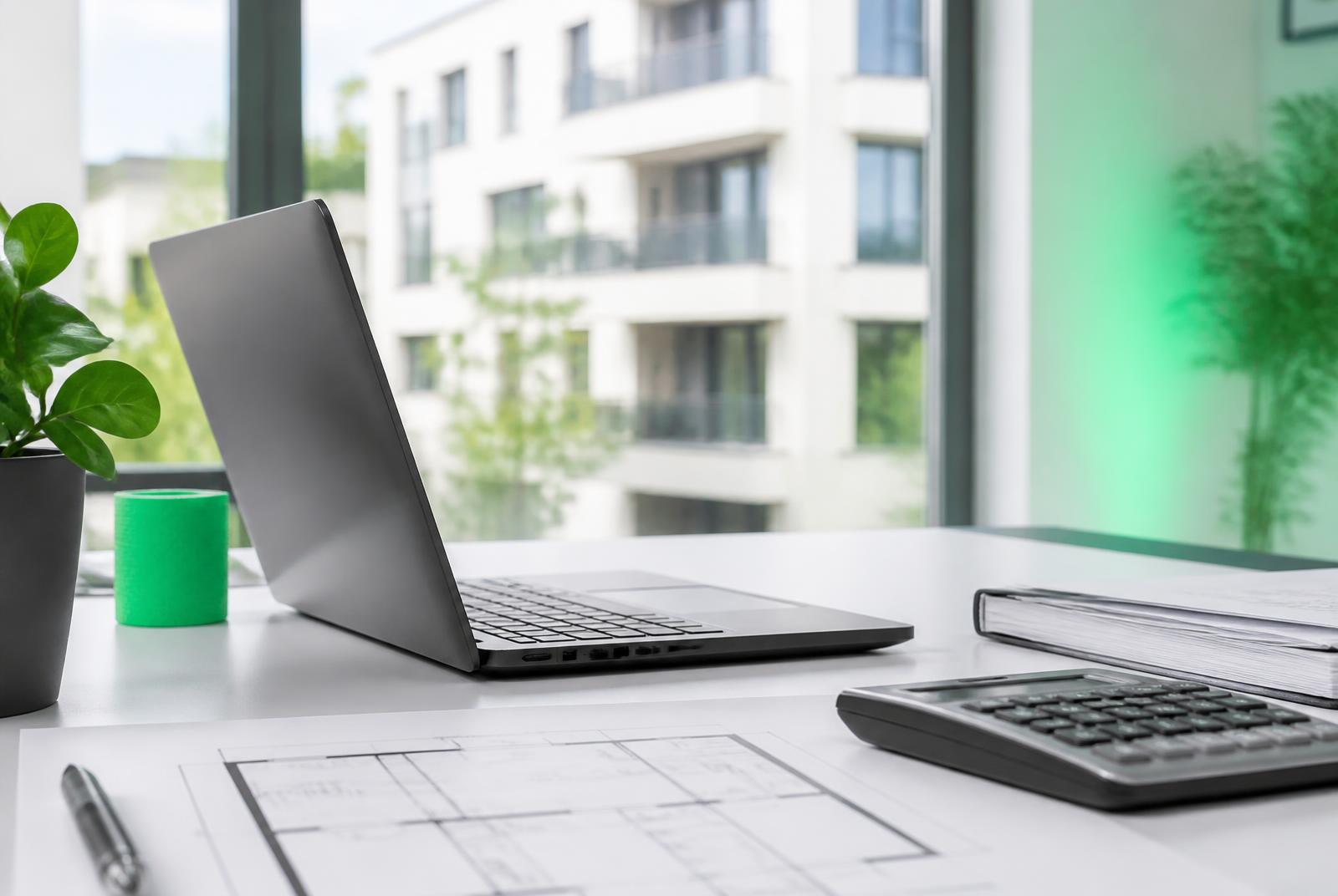Arbeitsplatz mit Laptop, Grundriss und Taschenrechner vor einem Mehrfamilienhaus