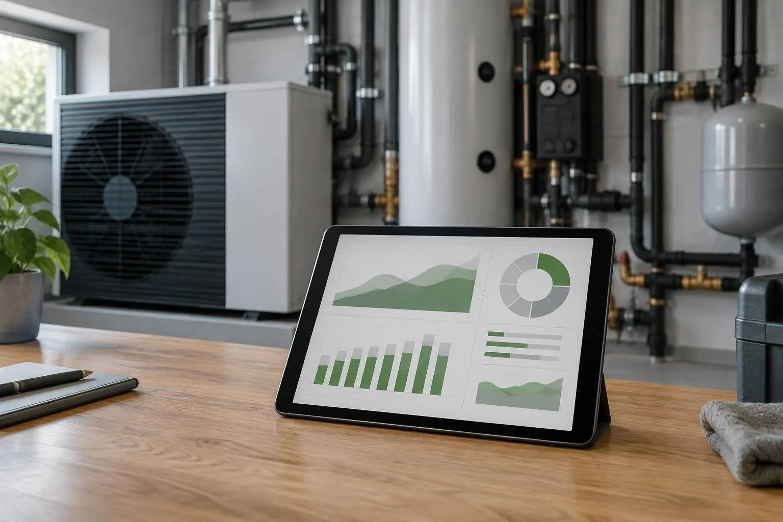 Symbolbild: Tablet mit Diagrammen auf einem Tisch vor einer Wärmepumpe im Technikraum