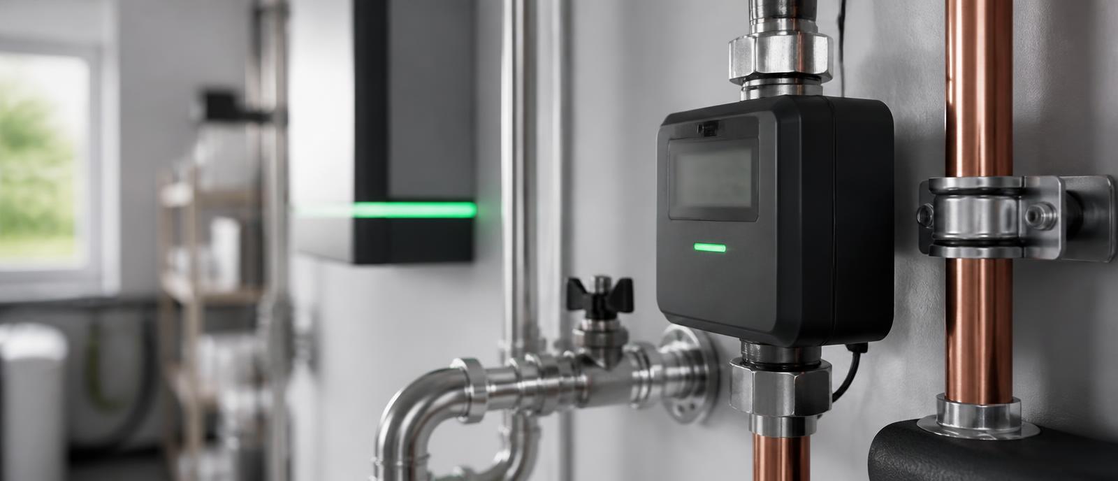 Wärmemengenzähler und Rohrleitungen in einem modernen Technikraum