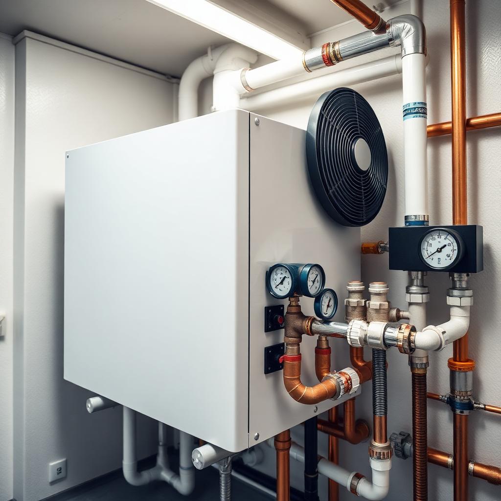 Wärmepumpe im Technikraum mit Verrohrung