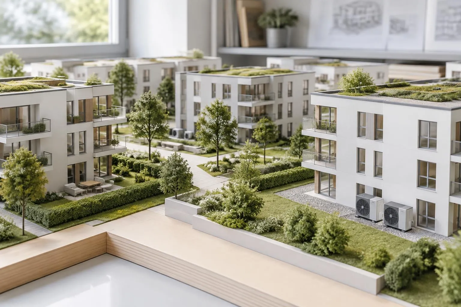 Symbolbild: Architekturmodell eines Wohnquartiers mit Gründächern und Wärmepumpen