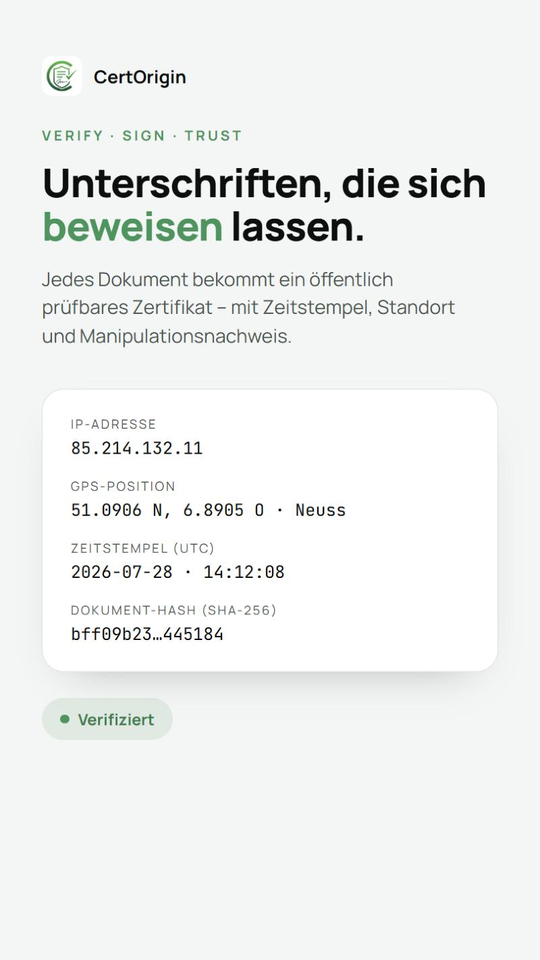 Bildschirme von CertOrigin: Zertifikat, Ablauf und Nachweise