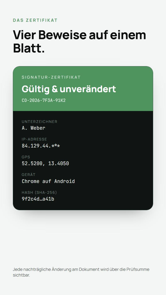 CertOrigin: Signatur-Zertifikat mit Unterzeichner, IP, GPS, Zeitstempel und SHA-256-Hash